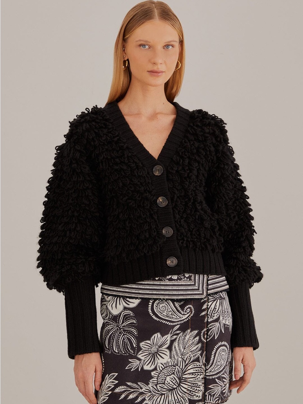 Farm Rio Black Textured V Neck Cardigan